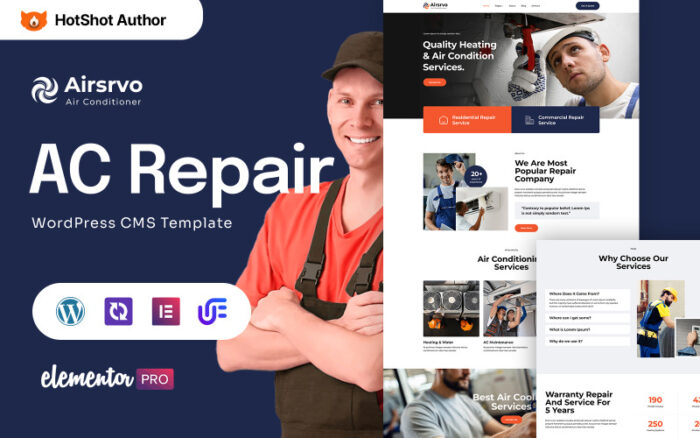 Airsrvo - Air Conditioning Repair and Heating WordPress Elementor Theme WordPress Theme