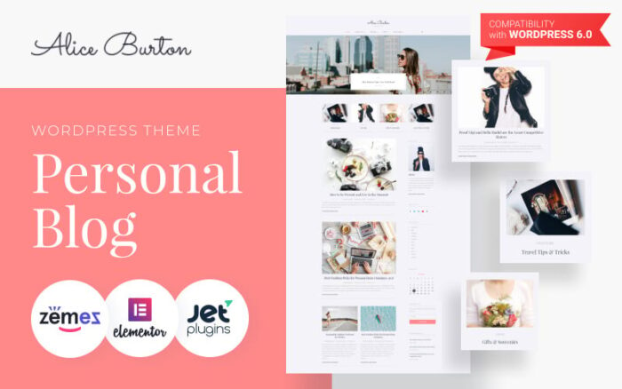 AliceBurton - Personal Blog WordPress Elementor Theme WordPress Theme