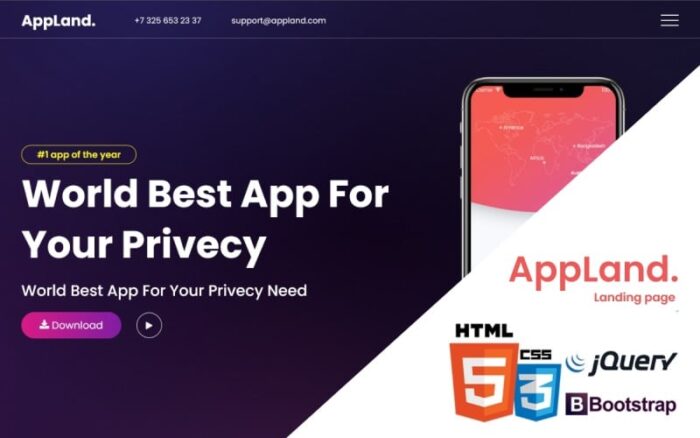 Appland - Mobile and IOS app showcase Website Template Landing Page Template