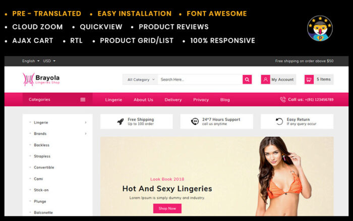 Brayola Lingerie Prestashop Template PrestaShop Theme