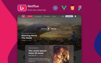 Netflux - Streaming Movie App React Vue HTML and Figma Landing Page Template