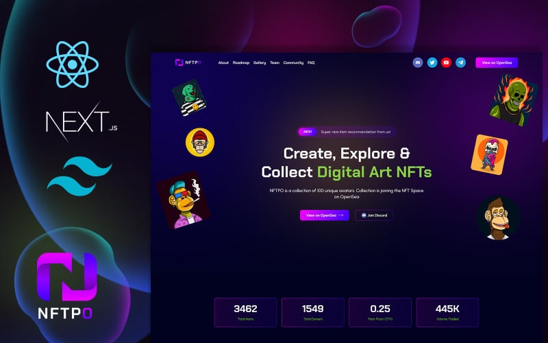 Nftpo - React NFT Project Landing Page + NextJS + TailwindCSS Landing Page Template