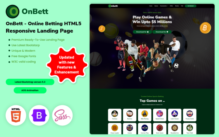 OnBett - Online Betting HTML5 Responsive Landing Page Landing Page Template